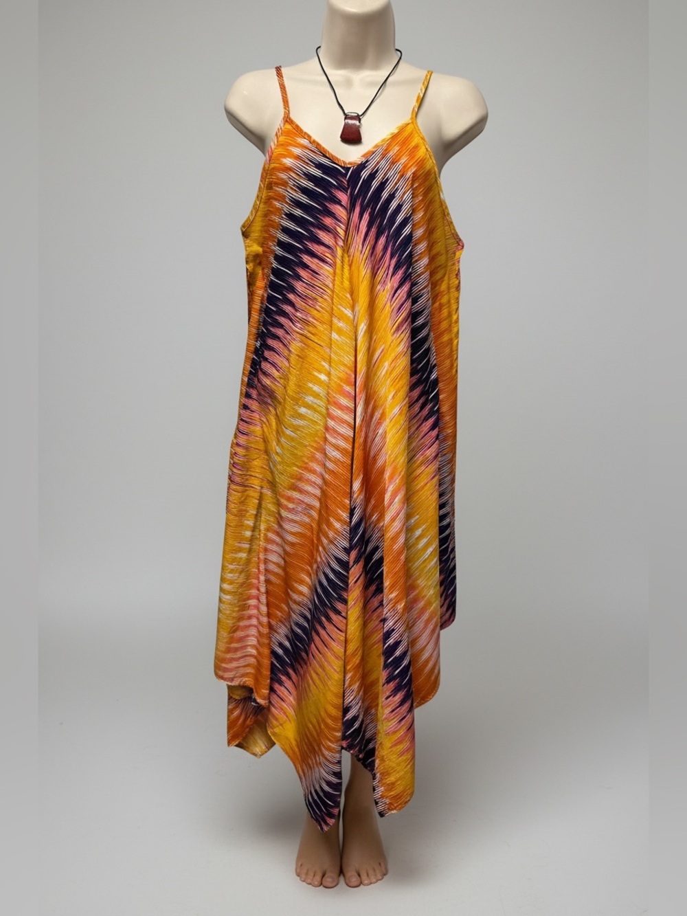 Mlle Gabrielle Women’s Maxi Dress Large Yellow Orange Navy Tie-Dye V-Neck